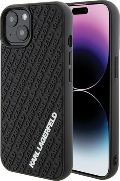 Maskë telefoni Karl Lagerfeld 3D Rubber Multi Logo, për iPhone 15 6.1", e zezë