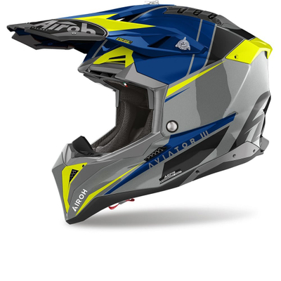 Helmetë motocross Airoh Aviator 3 Push, fibra karboni, madhësia L, gri blu neon e verdhë e zezë