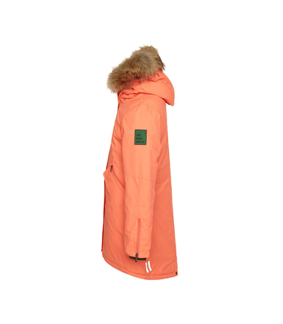 Parka për gra Huppa Vivian, 200g, me kapuç me lesh natyral, ngjyrë koral neon