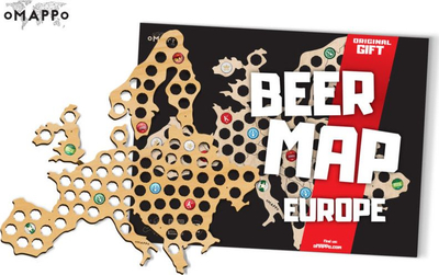 Hartë muri Omappo Beer Map Europe, për kapakë birre, dru natyral