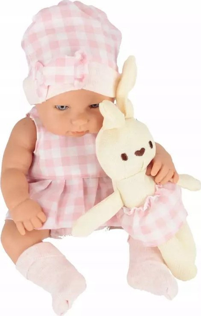 Kukull bebe MEGA CREATIVE Lovely Baby, 33cm, me mbajtëse dhe lepurush, rozë