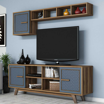 Set muri dhomë ndeje Lewisville, për TV deri 60", dru arrë, panele blu