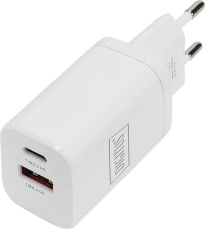 Karikues muror Digitus USB, 30W, 1x USB C PD, 1x USB A QC, i bardhë
