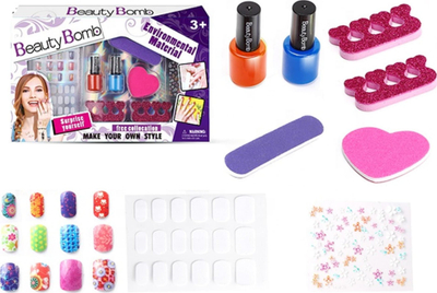 Set manikyri për kalamaj Nail Making Set Stickers Tips Polishes, me llak thonjsh, me ngjitëse zbukuruese, shumëngjyrësh