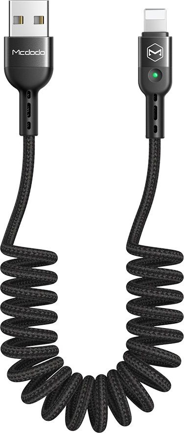 Kabllo karikimi MCDODO Nylon Coil, USB Lightning, 1.8m, me LED, e zezë