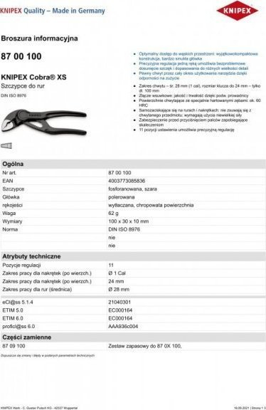 Pincë tubash Knipex Cobra XS, 100mm, e rregullueshme, metal