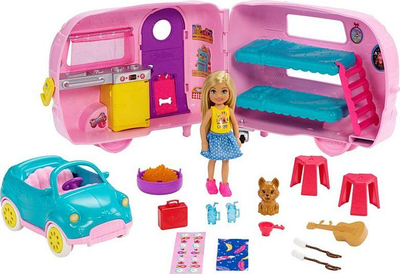 Set lodër Barbie Club Chelsea Camper, kukull me qenush, rulote kampingu, shumëngjyrëshe