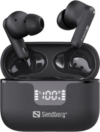 Kufje wireless Sandberg Wireless Earbuds ANC ENC, Bluetooth, me kasë karikimi me ekran, të zeza