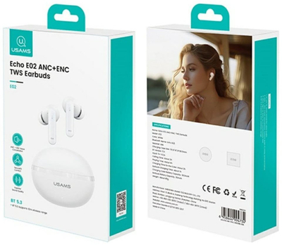 Kufje Bluetooth Usams Echo E02 TWS, ANC ENC, 4 orë, të bardha