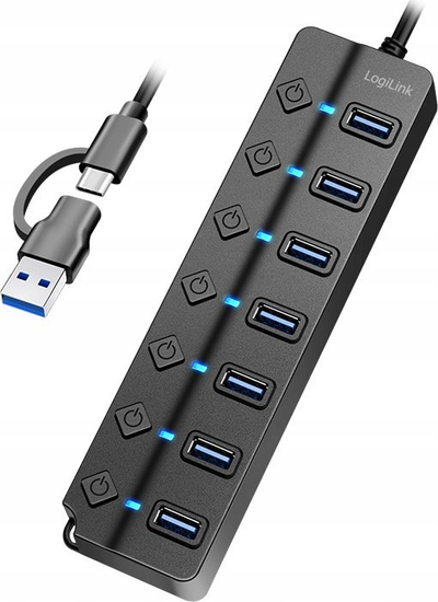 Hub USB LogiLink USB 3.2 Gen 1, 7 porta, me çelës për çdo port, i zi