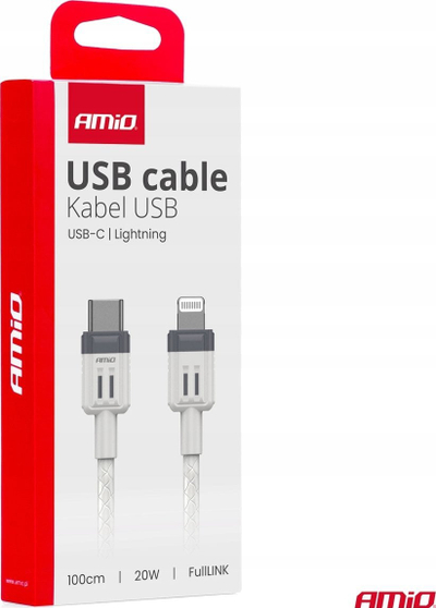 Kabllo karikimi USB AMiO 03910, USB C në Lightning, 1m, 20W, bardh e zi