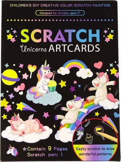 Libër kreativ me vizatime gërvishtëse Scratch Unicorns Artcards, 9 faqe, me shkop për gërvishtje, me njëbrirësh