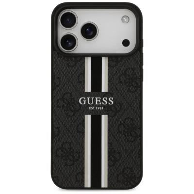 Mbrojtëse telefoni Guess 4G Printed Stripes MagSafe, për iPhone 17 Pro Max, e zezë