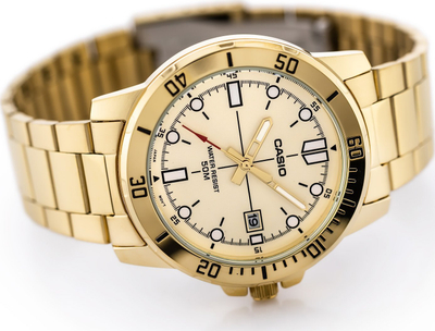 Orë burrash Casio MTP-VD01G-9EVUDF, 50m bo vaki me u lag, çelik inox gold, me unazë ngjyrë shampanje