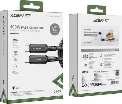 Kablli Acefast C4-03 USB-C në USB-C, 2m, 100W, i zi