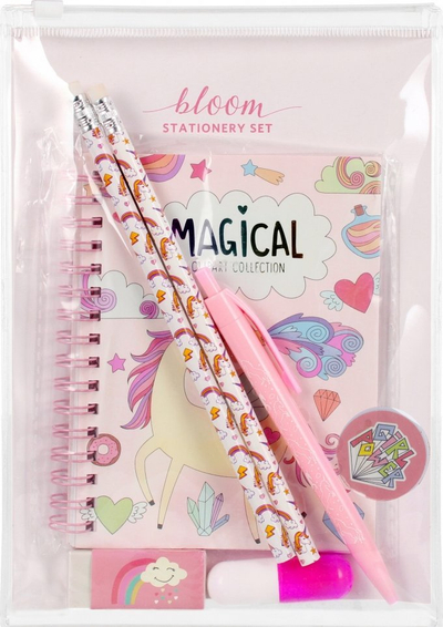 Set shkolle Magical Unicorn, kutiz lapsash me gëra, transparent, shumëngjyrësh