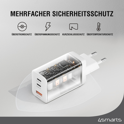 Karikues muri 4smarts PDPlug Trio 540402, 65W GaN, 2x USB-C 1x USB-A, i bardhë