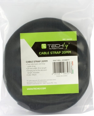 Rrip lidhës për kabllo Techly W ISWT-ROLL-2010BKTY, 20 mm, 10 m, i zi