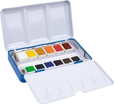 Ngjyra uji në pjatëza Kreul Watercolors In Pans, set 12 copë, kuti metalike, shumëngjyrëshe