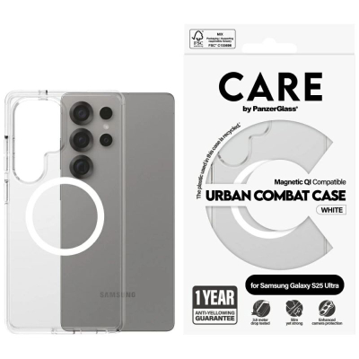 Mbulesë PanzerGlass CARE Flagship Urban Combat, e pajtueshme me karikim Qi, për Samsung Galaxy S25 Ultra, transparente e bardhë