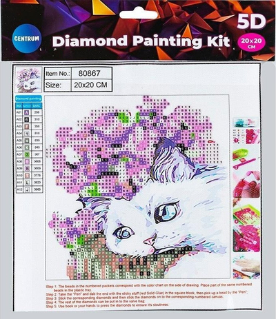 Set mozaiku me diamant Diamond Mosaic Center 5D Cat and Flowers, 20x20cm, shumëngjyrësh