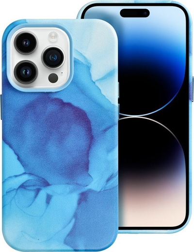 Kapak silikoni me lëkurë për iPhone 14 Pro, MagSafe, me dizajn abstrakt blu