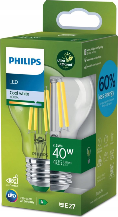 Llambë LED Philips A60 E27, 2.3W 485lm, 4000K, transparente