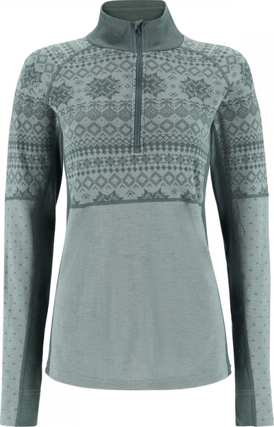 Pulovër leshi për gra Kari Traa Vilma Half Zip, 100% merino, me mëngë të gjata, jeshile