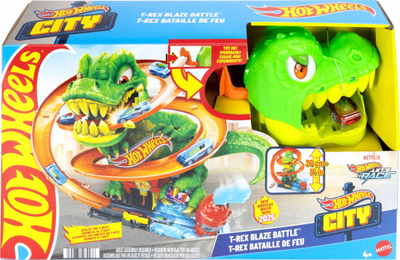 Set loje Hot Wheels City T-Rex Blaze Battle, pistë me dinosaurus, makinë 1:64, shumëngjyrëshe
