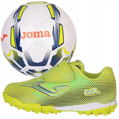 Set futbolli Joma Gol Jr, këpucë për fëmijë me tapa, top futbolli, verdhë