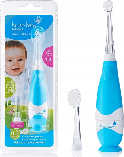 Furçë dhëmbësh elektrike Brush-Baby BabySonic, për fëmijë 0-3 vjeç, LED, dridhje të buta, blu