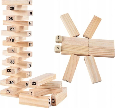 Lojë druri Jenga Wiss Toy GR0090, 54 kube, me zare druri, ngjyrë druri natyrale