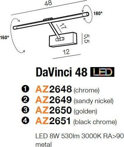 Aplike muri Azzardo DaVinci 48 AZ4262, LED 8W 530lm, 3000K, e zezë