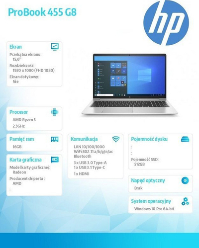 Laptop HP PROBOOK 455 G8 (4K7C5EA),AMD Ryzen 5 5600U, 15.6”, 16 GB RAM, M.2 PCIe SSD 512 GB, i argjendtë