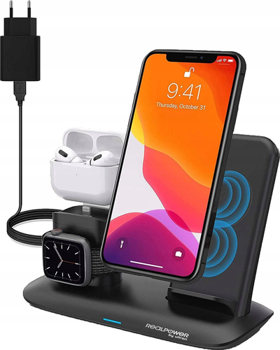 Stacion karikimi wireless RealPower ChargeAIR All Desk Pro, 3 në 1, USB, i zi