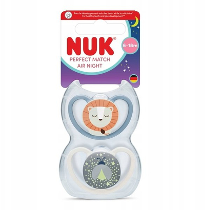 Set biberonash NUK Perfect Match Air Night Lion, 6–18 mujsh, silikon, pa BPA