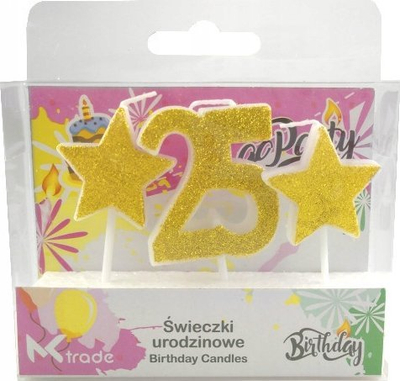 Qirinj ditlindje GoParty 25 me yje, 7cm, ngjyrë ari me shkëlqim