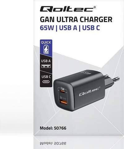 Karikues Qoltec 50766 GaN ULTRA, 2x USB USB C, Power Delivery Quick Charge 3.0, i bardhë