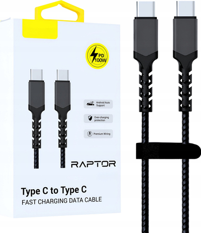 Kabllo karikimi Raptor Type C në Type C, 100W PD, të dhëna të shpejta, e zezë