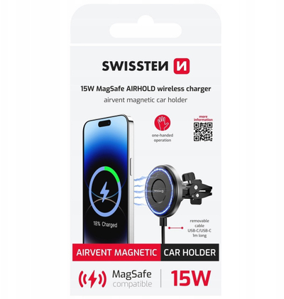 Mbajtëse magnetike për veturë Swissten Airhold, karikues wireless 15W, MagSafe, e zezë