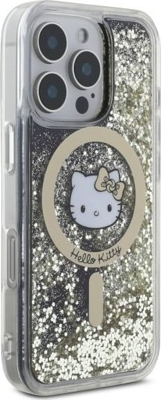 Mbulesë telefoni Hello Kitty Liquid Glitter Fever MagSafe, për iPhone 16 Pro, me shkëlqim, e zezë me detaje ari
