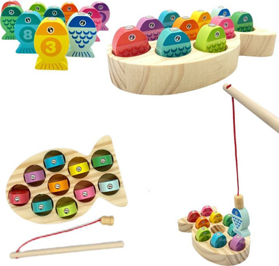 Lojë peshkimi druri Swede Wooden Fish U976, 10 peshq, kallam magnetik, shumëngjyrëshe