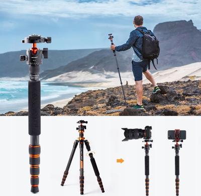 Tripod fotografik K&amp;F Concept SA255C1, fibër karboni, portokalli