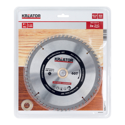Teh rrethor HSS për dru, 216mm, 60 dhëmbë, me 3 unaza reduktuese