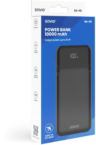 Надворешна батерија Savio BA-08, 10000mAh, 20W, црна