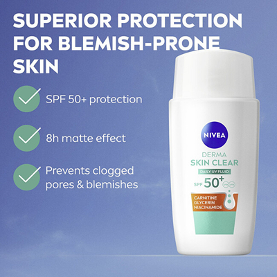 Lëng për mbrojtje ndaj diellit Nivea Daily UV Fluid Derma Skin Clear SPF 50+, 40 ml