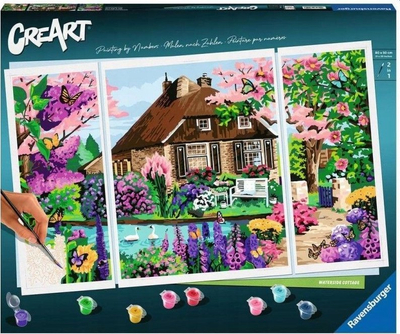 Set pikturimi me numra Ravensburger CreArt Waterside Cottage, 80x50cm, për të rritur, shumëngjyrësh