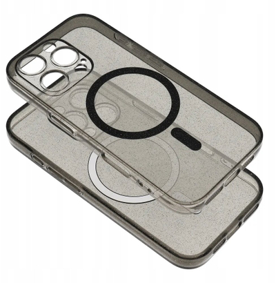 Заштитна капа MagSafe за телефон iPhone 16 Pro Max, проѕирна, со заштита за камера, со црн глитер