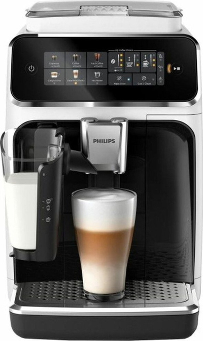 Makina automatike e kafesë Philips 3300 Series EP3343/50, 6 specialitete kafeje, sistem qumështi LatteGo, e bardhë e zezë