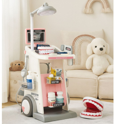 Set lodrash doktori Dentist Medical Cart, 26 pjesë, me drita, rozë